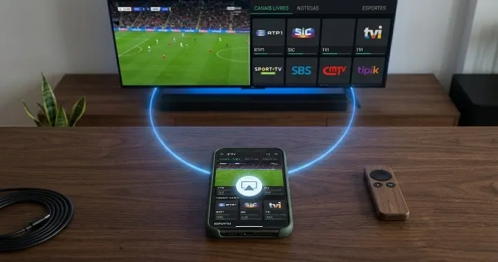 App IPTV no iPhone com AirPlay a enviar stream para Smart TV sem fios