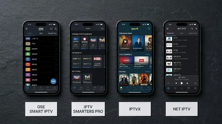Comparação das melhores app IPTV para iPhone — GSE Smart IPTV, IPTV Smarters Pro, IPTVX e NET IPTV Pro