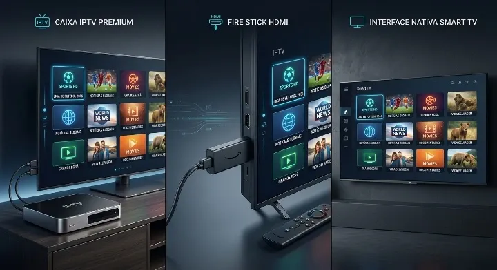 IPTV box vs Fire Stick vs Smart TV nativa — comparação visual dos três métodos