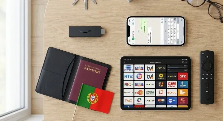 Dispositivos para Tuga IPTV — Fire Stick, smartphone, iPad e Smart TV para emigrantes