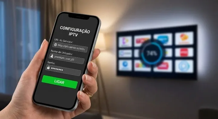 Configuração Xtream IPTV — campos URL do servidor, utilizador e senha numa app IPTV